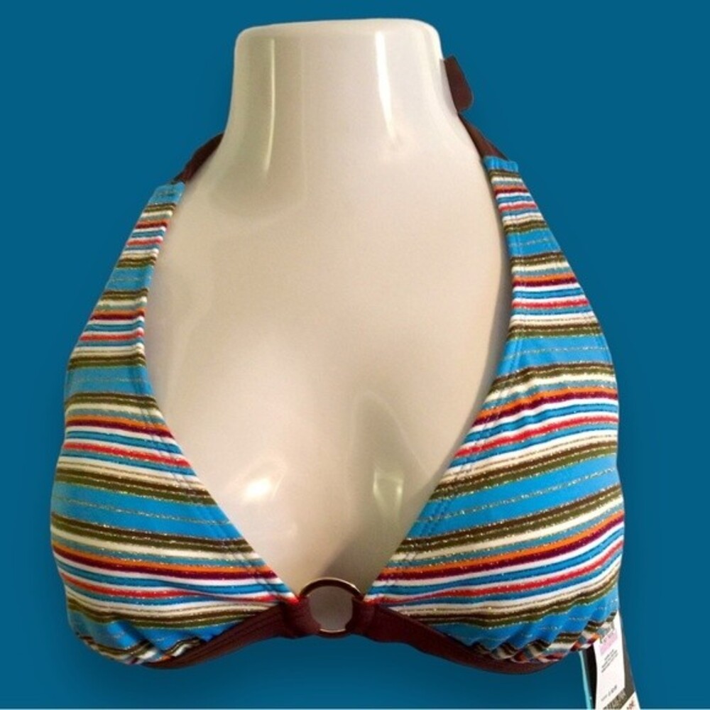 ATHENA VINTAGE Halter Swim Bra Banded Sz D Multi-Striped Brown Trim & Ties NWT